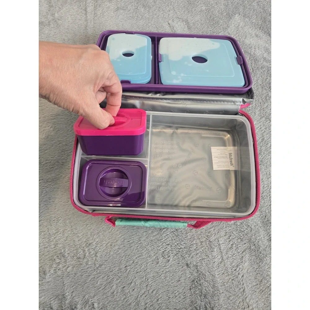 New Bento Lunch Box with 3 Containers Pink and Teal with Ice Packs